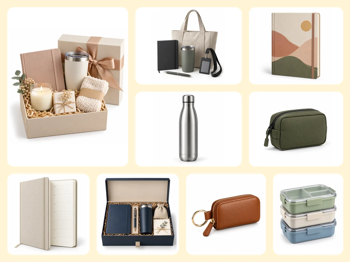 A collage of OH MY GOODIES products: a mini lifestyle gift bundle, a corporate merchandise starter pack, a creative ideas journal, a vacuum bottle, a utility pouch, a weekly planner, a custom corporate gift box, a key pouch and a bento lunch container set