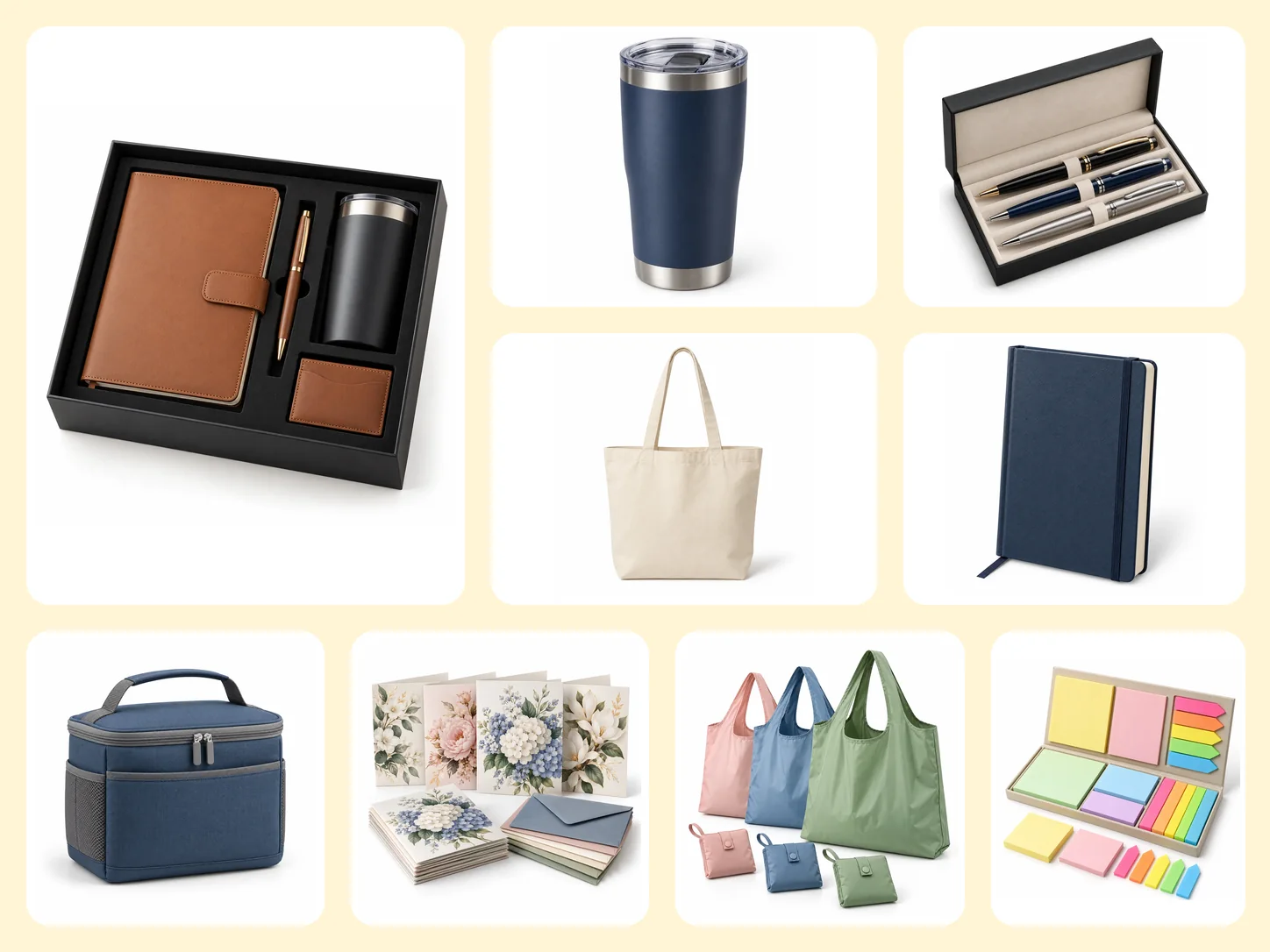 A collage of OH MY GOODIES products: a corporate appreciation gift set, an insulated tumbler, a ballpoint pen set, a canvas tote bag, a navy hardcover notebook, an insulated lunch box, a floral greeting card pack, foldable shopping bags and a sticky note set